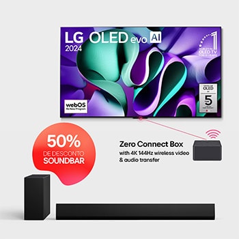 Front view with LG OLED evo AI TV, OLED M4, 11 Years of world number 1 OLED Emblem, webOS Re:New Program logo, 5-Year Panel Warranty logo on screen, and a Zero Connect Box with 4K 144Hz wireless video & audio transfer connected to a TV, and a Wi-Fi signal coming out of the box