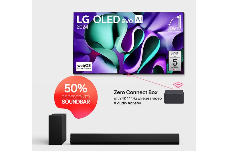 Front view with LG OLED evo AI TV, OLED M4, 11 Years of world number 1 OLED Emblem, webOS Re:New Program logo, 5-Year Panel Warranty logo on screen, and a Zero Connect Box with 4K 144Hz wireless video & audio transfer connected to a TV, and a Wi-Fi signal coming out of the box