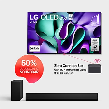 Front view with LG OLED evo AI TV, OLED M4, 11 Years of world number 1 OLED Emblem, webOS Re:New Program logo, 5-Year Panel Warranty logo on screen, and a Zero Connect Box with 4K 144Hz wireless video & audio transfer connected to a TV, and a Wi-Fi signal coming out of the box