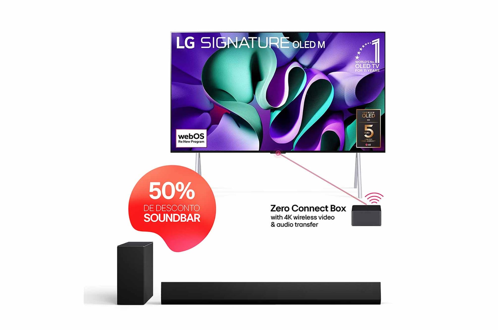 Vista frontal com a LG OLED TV, a ASSINATURA OLED M4 num suporte, o emblema OLED 11 Years of world number 1, o logótipo do programa webOS Re:New, o logótipo da garantia de 5 anos do painel no ecrã e uma Zero Connect Box com transferência de vídeo e áudio sem fios 4K ligada a uma TV e um sinal Wi-Fi a sair da caixa