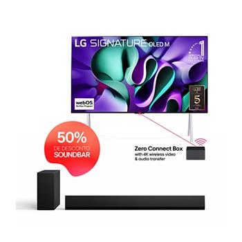 Vista frontal com a LG OLED TV, a ASSINATURA OLED M4 num suporte, o emblema OLED 11 Years of world number 1, o logótipo do programa webOS Re:New, o logótipo da garantia de 5 anos do painel no ecrã e uma Zero Connect Box com transferência de vídeo e áudio sem fios 4K ligada a uma TV e um sinal Wi-Fi a sair da caixa