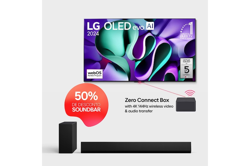 Front view with LG OLED evo AI TV, OLED M4, 11 Years of world number 1 OLED Emblem, webOS Re:New Program logo, 5-Year Panel Warranty logo on screen, and a Zero Connect Box with 4K 144Hz wireless video & audio transfer connected to a TV, and a Wi-Fi signal coming out of the box