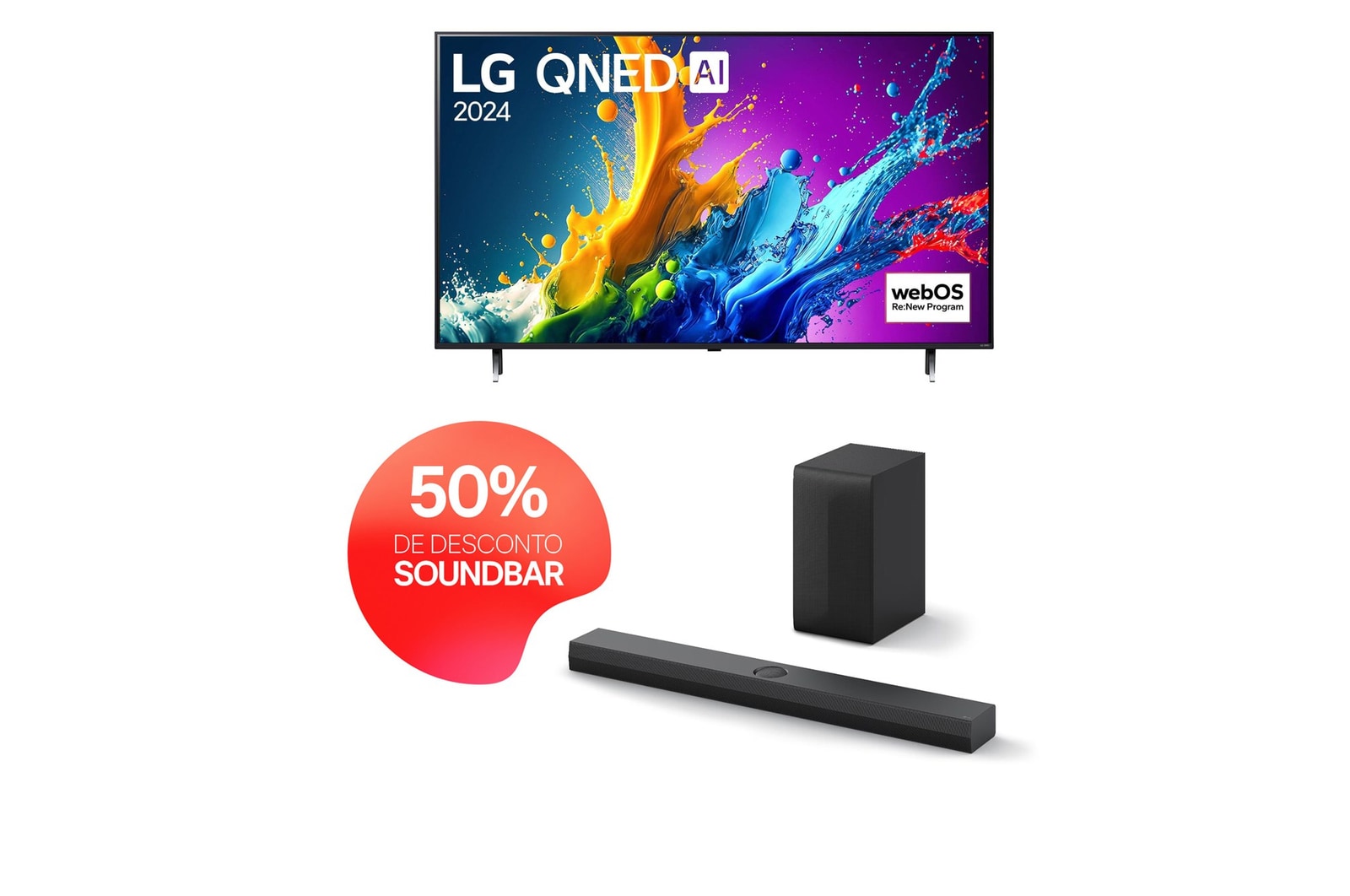 Vista frontal da LG QNED TV, QNED80 com texto da LG QNED, 2024 e o logótipo do webOS Re:New Program no ecrã