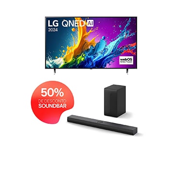 Vista frontal da LG QNED TV, QNED80 com texto da LG QNED, 2024 e o logótipo do webOS Re:New Program no ecrã