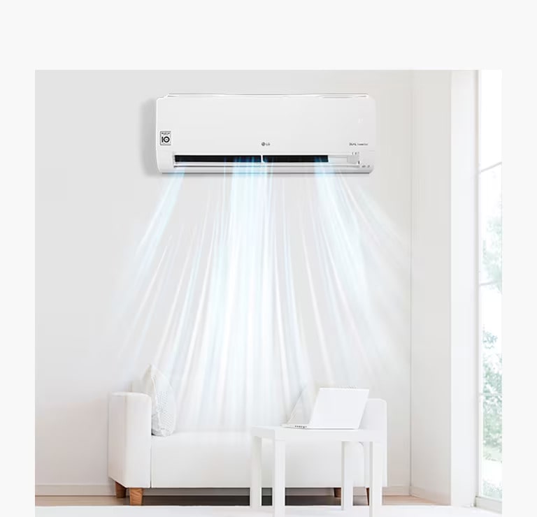 Imagem completa de um aparelho de ar condicionado com ar puro e fresco a sair