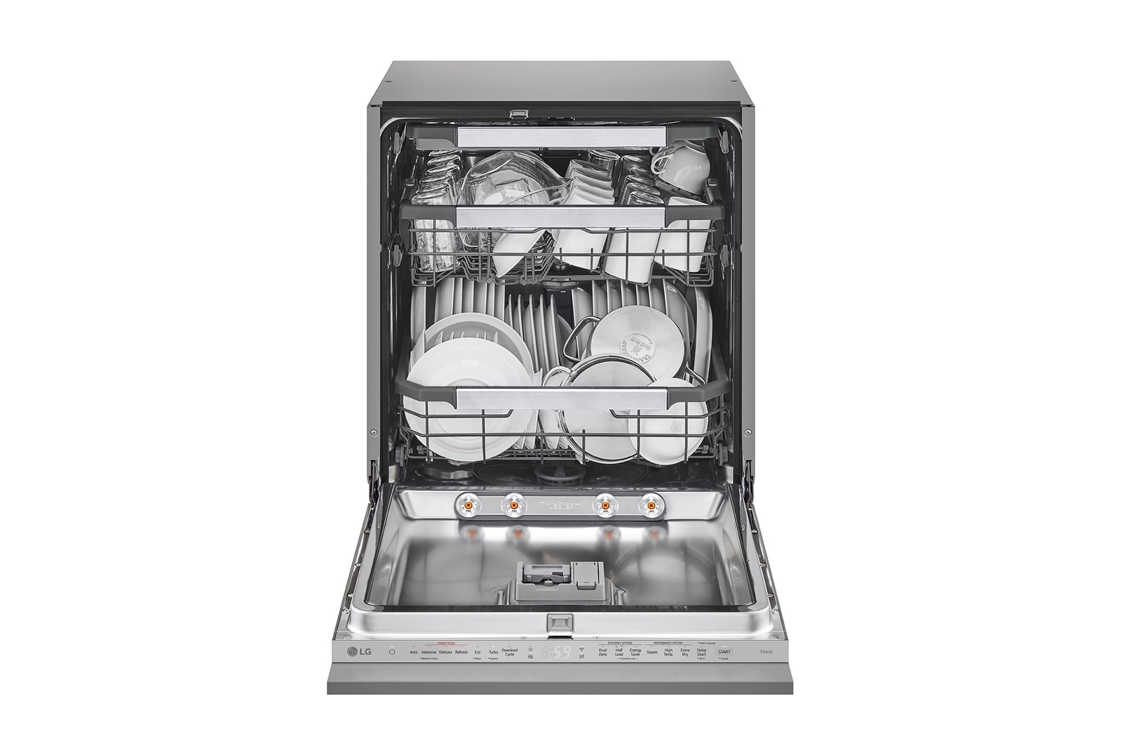 vista frontal com a porta aberta e pratos visíveis