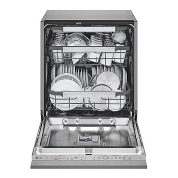 vista frontal com a porta aberta e pratos visíveis