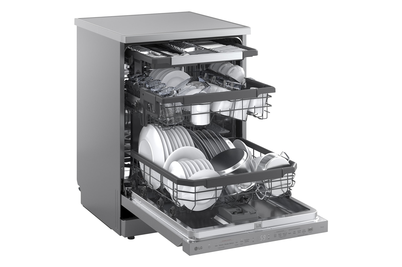 Vista lateral esquerda da porta aberta com prato com a 3.ª prateleira