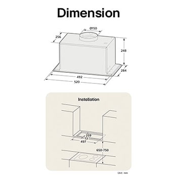 Diagrama a mostrar as dimensões do exaustor e as medidas de instalação.