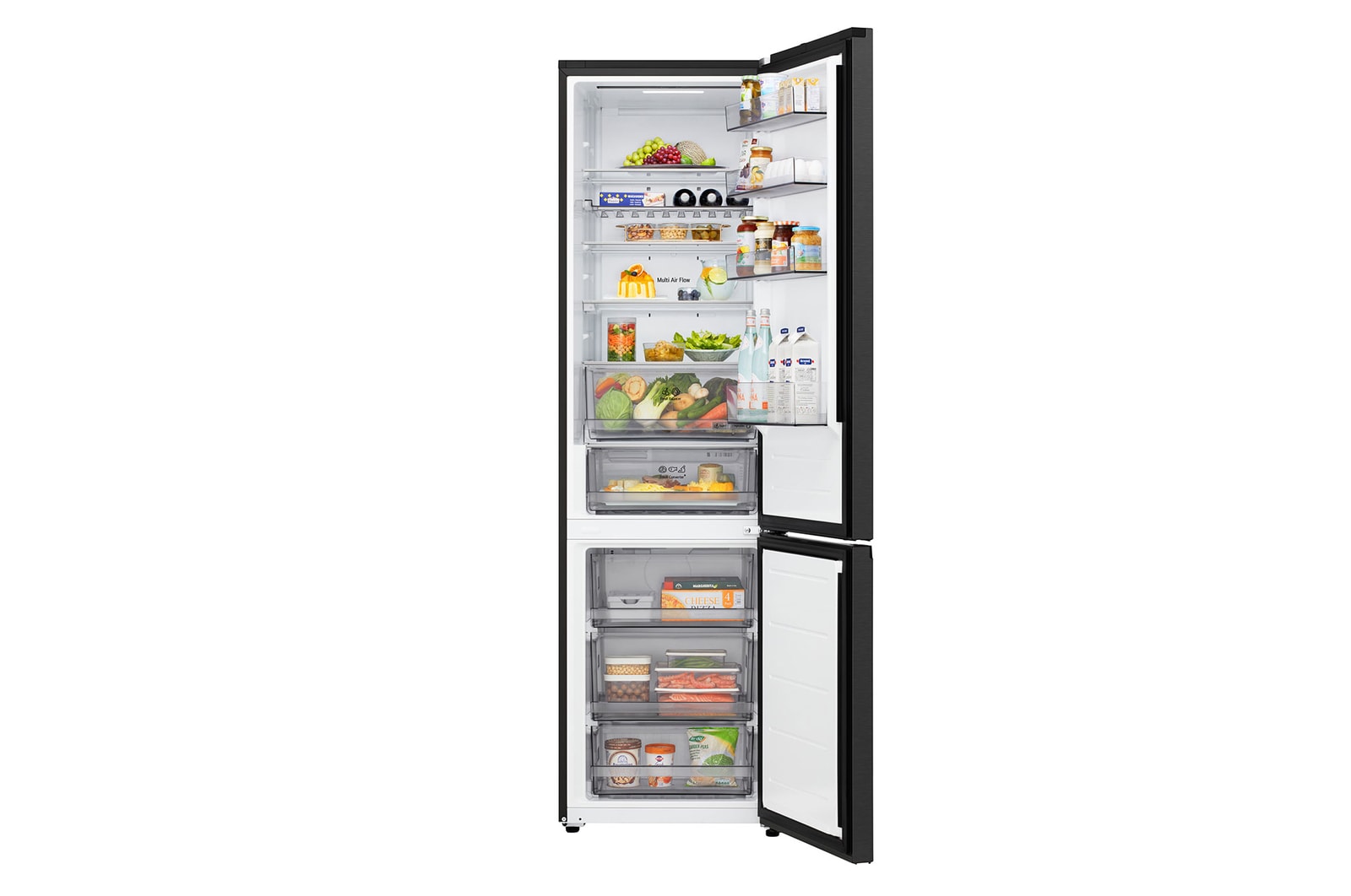 Frigorífico combinado LG (GBBW726AEV) com porta totalmente aberta a mostrar os compartimentos do frigorífico e do congelador