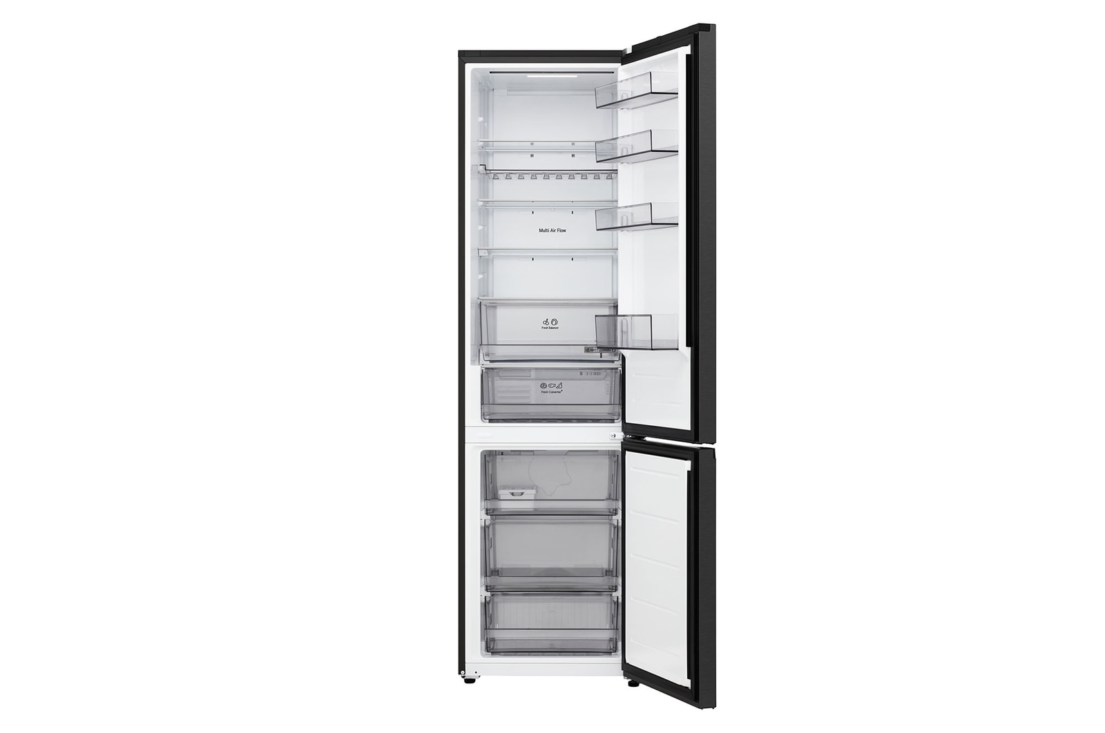 Vista superior do frigorífico combinado LG (GBBW726AEV) preto mate à esquerda e parede do armário à direita