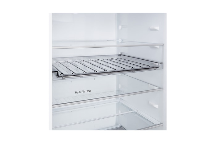 Grande plano do frigorífico combinado LG (GBBW726AEV) com garrafeira para quatro garrafas e caixa de macarons, com o design da garrafeira ampliado numa imagem circular.