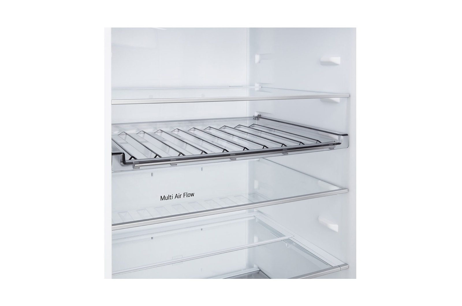 Grande plano do frigorífico combinado LG (GBBW726AEV) com garrafeira para quatro garrafas e caixa de macarons, com o design da garrafeira ampliado numa imagem circular.