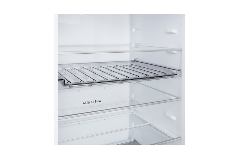 Grande plano do frigorífico combinado LG (GBBW726AEV) com garrafeira para quatro garrafas e caixa de macarons, com o design da garrafeira ampliado numa imagem circular.