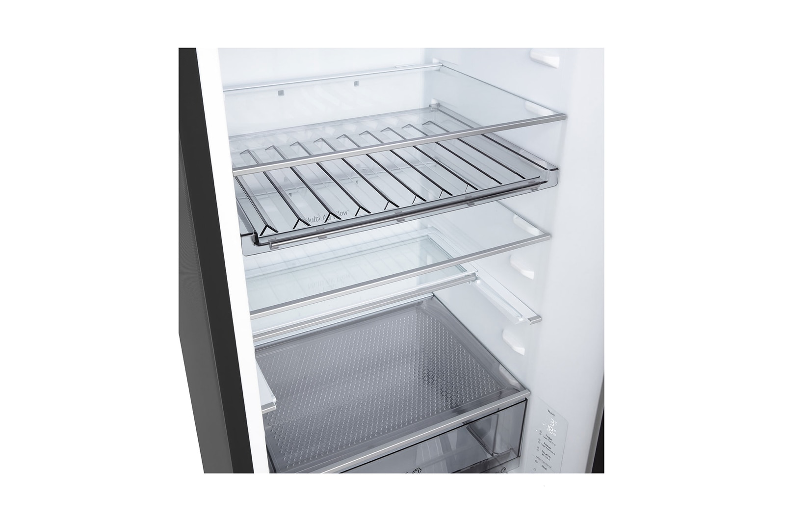 Vista frontal do frigorífico combinado LG (GBBW726AEV) a mostrar a ventilação DoorCooling+™