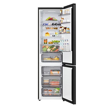 Frigorífico combinado LG (GBBW726AEV) com porta totalmente aberta a mostrar os compartimentos do frigorífico e do congelador