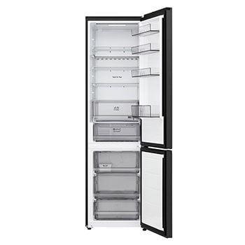 Vista superior do frigorífico combinado LG (GBBW726AEV) preto mate à esquerda e parede do armário à direita