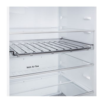 Grande plano do frigorífico combinado LG (GBBW726AEV) com garrafeira para quatro garrafas e caixa de macarons, com o design da garrafeira ampliado numa imagem circular.