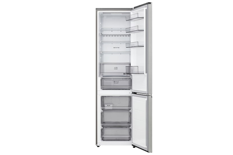 Frigorífico combinado LG (GBBS312CPY) com porta totalmente aberta a mostrar os compartimentos do frigorífico e do congelador