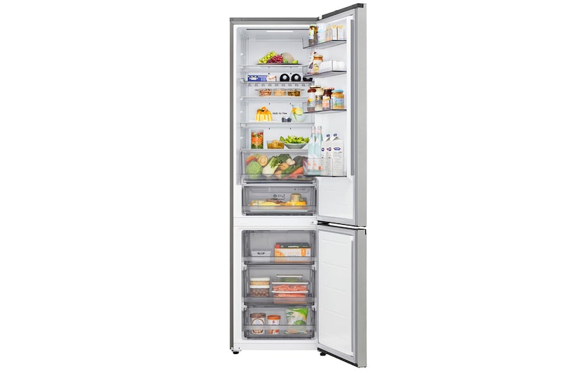 Vista superior do frigorífico combinado LG (GBBS312CPY) Prata à esquerda e parede do armário à direita