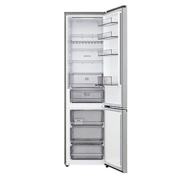 Frigorífico combinado LG (GBBS312CPY) com porta totalmente aberta a mostrar os compartimentos do frigorífico e do congelador