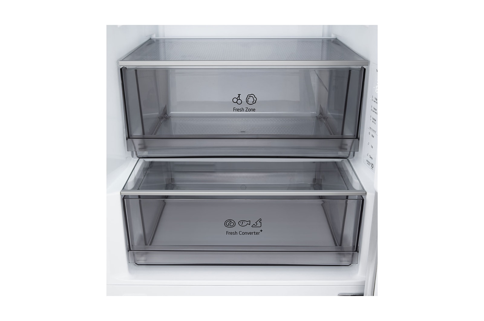 Grande plano do frigorífico combinado LG (GBBS323CEV) com garrafeira para quatro garrafas e caixa de macarons, com o design da garrafeira ampliado numa imagem circular.