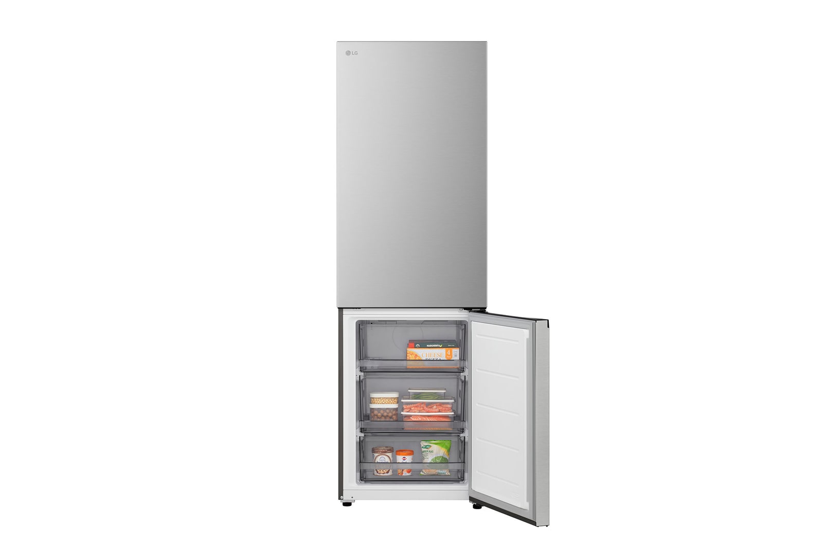 Frigorífico combinado LG (GBBSJ10EPY) numa sala com vista noturna da cidade, sobreposto com o gráfico do Modo de poupança por IA e o gráfico de flutuação de energia