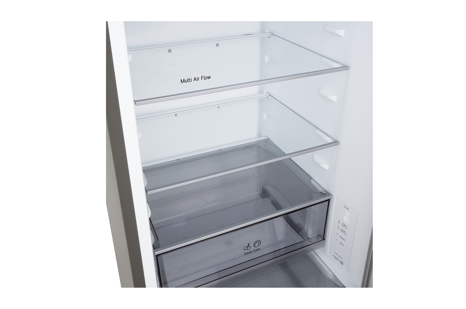 Grande plano do frigorífico combinado LG (GBBSJ10EPY) com garrafeira para quatro garrafas e caixa de macarons, com o design da garrafeira ampliado numa imagem circular.