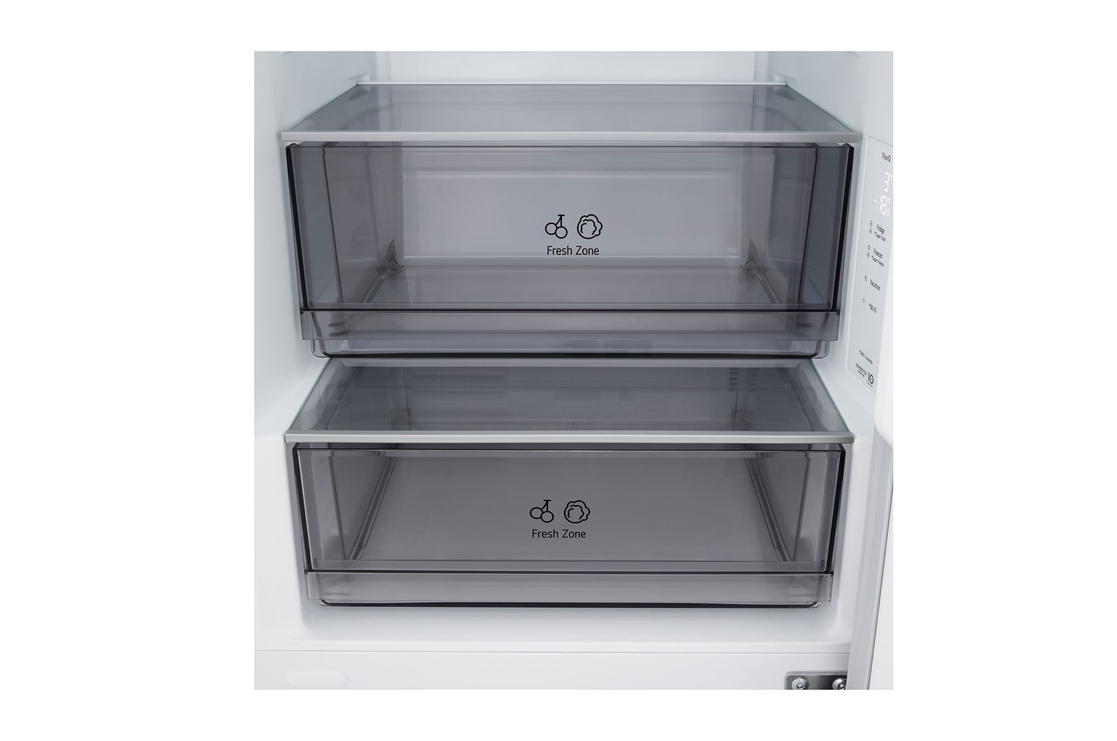 Vista frontal do frigorífico combinado LG (GBBSJ10EPY) a mostrar a ventilação DoorCooling+™