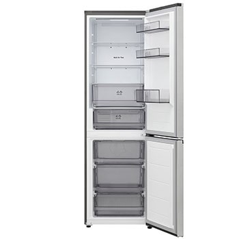 Frigorífico combinado LG (GBBSJ10EPY) com porta totalmente aberta a mostrar os compartimentos do frigorífico e do congelador