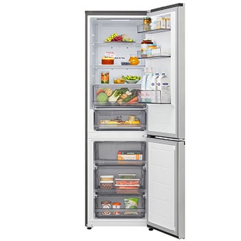 Vista superior do frigorífico combinado LG (GBBSJ10EPY) Prata à esquerda e parede do armário à direita