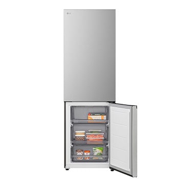 Frigorífico combinado LG (GBBSJ10EPY) numa sala com vista noturna da cidade, sobreposto com o gráfico do Modo de poupança por IA e o gráfico de flutuação de energia