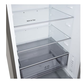 Grande plano do frigorífico combinado LG (GBBSJ10EPY) com garrafeira para quatro garrafas e caixa de macarons, com o design da garrafeira ampliado numa imagem circular.