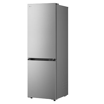 Prateleira do frigorífico combinado LG (GBBSJ10EPY) destacada a azul com setas para cima e baixo. A imagem à direita mostra prateleira dobrada com duas garrafas de água.