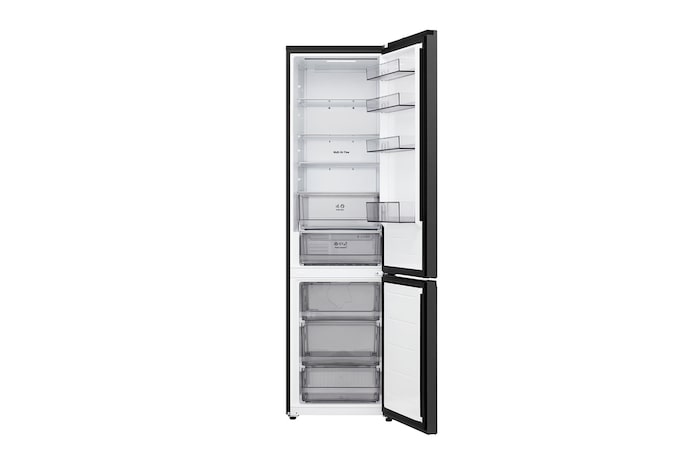 Frigorífico combinado LG (GBBSJ1CCEP) com porta totalmente aberta a mostrar os compartimentos do frigorífico e do congelador