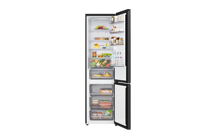 Vista superior do frigorífico combinado LG (GBBSJ1CCEP) Preto à esquerda e parede do armário à direita