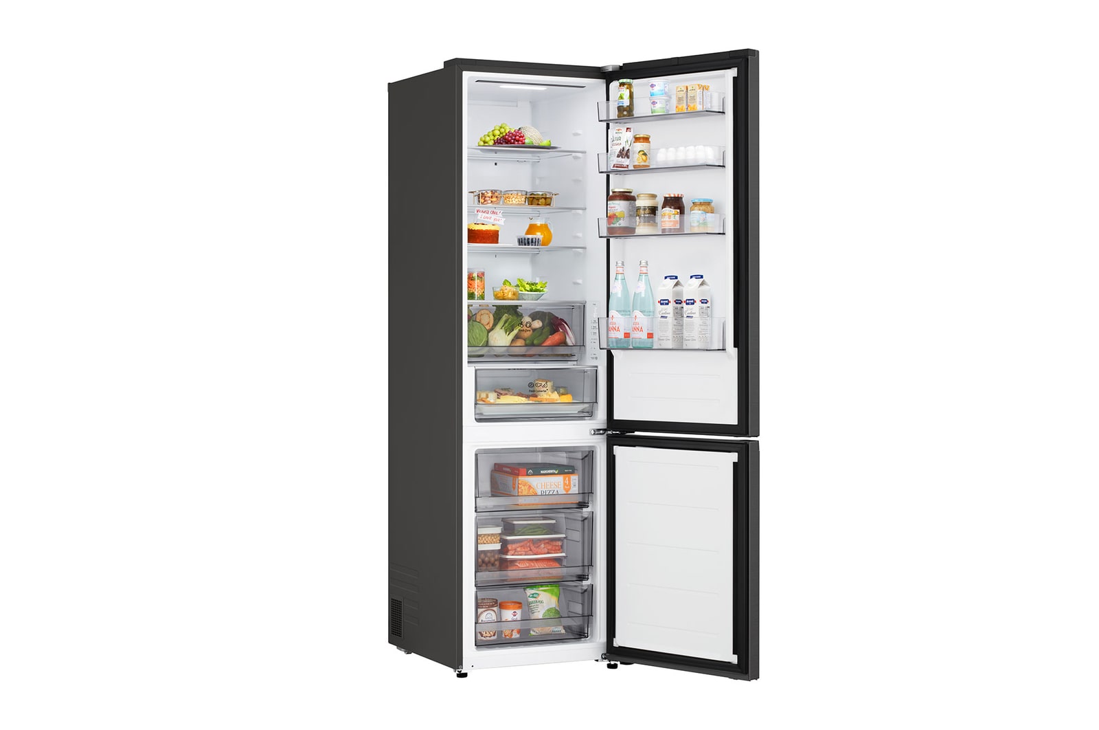 Prateleira do frigorífico combinado LG (GBBSJ1CCEP) destacada a azul com setas para cima e baixo. A imagem à direita mostra prateleira dobrada com duas garrafas de água.