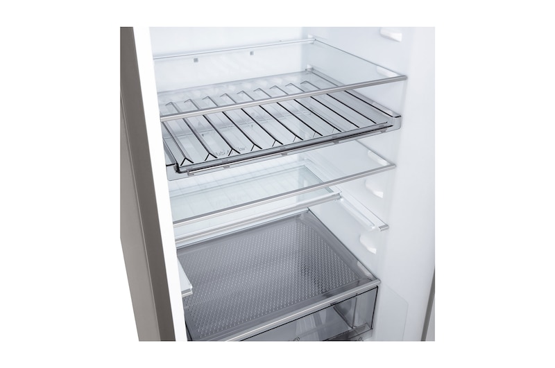 Nahaufnahme des LG Kühl-/Gefrierschrank (GBBS726CPY) Weinregals mit vier Flaschen und einer Schachtel Macarons mit im kreisförmigen Bild vergrößertem Gestelldesign