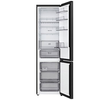 Frigorífico combinado LG (GBBS323CEV) com porta totalmente aberta a mostrar os compartimentos do frigorífico e do congelador