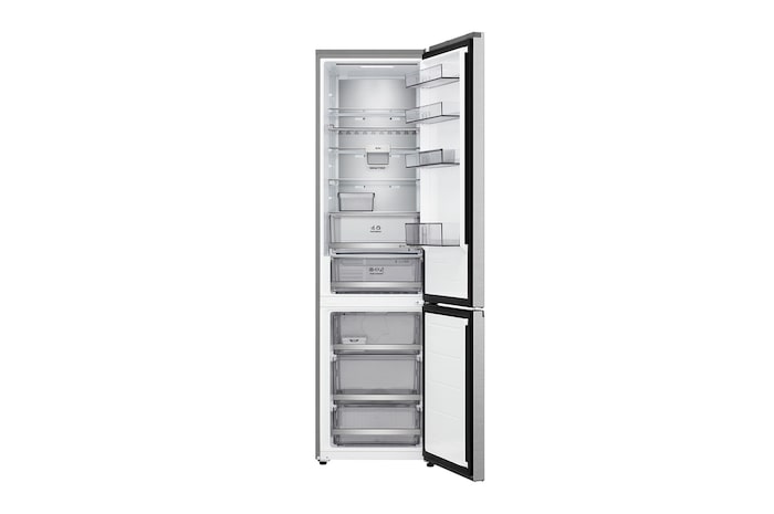 Frigorífico combinado LG (GBBS323CEV) com porta totalmente aberta a mostrar os compartimentos do frigorífico e do congelador