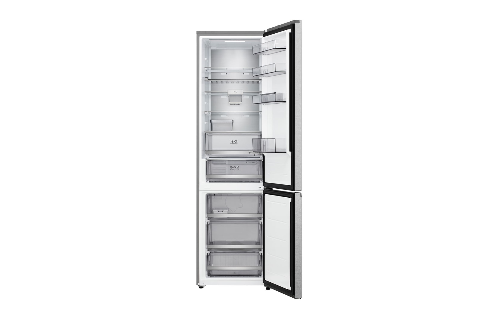 Frigorífico combinado LG (GBBS323CEV) com porta totalmente aberta a mostrar os compartimentos do frigorífico e do congelador
