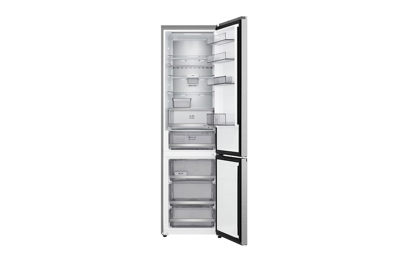 Frigorífico combinado LG (GBBS323CEV) com porta totalmente aberta a mostrar os compartimentos do frigorífico e do congelador