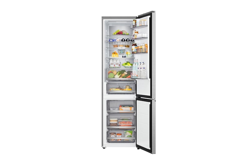 Vista superior do frigorífico combinado LG (GBBS323CEV) preto metálico à esquerda e parede do armário à direita