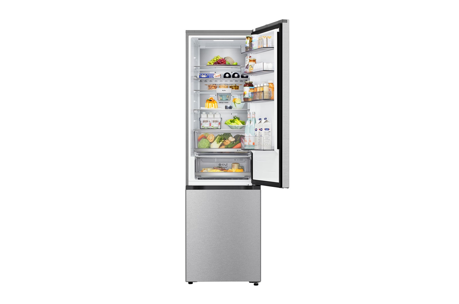 Frigorífico combinado LG (GBBS323CEV) numa sala com vista noturna da cidade, sobreposto com o gráfico do Modo de poupança por IA e o gráfico de flutuação de energia