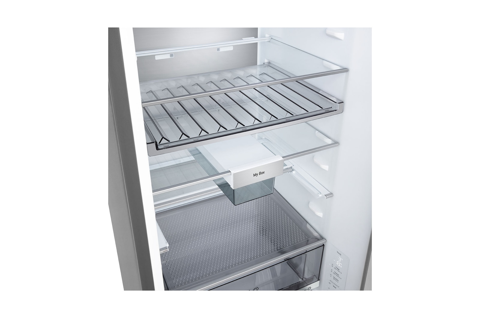 Vista frontal do frigorífico combinado LG (GBBS323CEV) a mostrar a ventilação DoorCooling+™