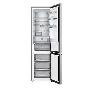 Frigorífico combinado LG (GBBS323CEV) com porta totalmente aberta a mostrar os compartimentos do frigorífico e do congelador