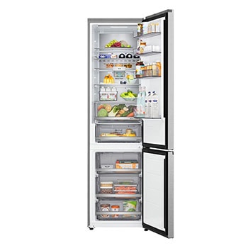 Vista superior do frigorífico combinado LG (GBBS323CEV) preto metálico à esquerda e parede do armário à direita