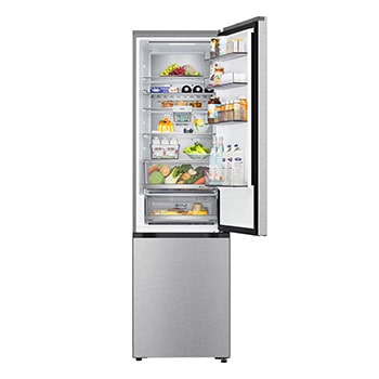 Frigorífico combinado LG (GBBS323CEV) numa sala com vista noturna da cidade, sobreposto com o gráfico do Modo de poupança por IA e o gráfico de flutuação de energia