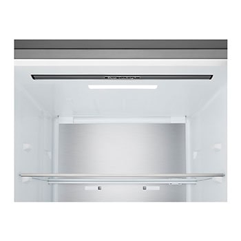 Frigorífico combinado LG (GBBS323CEV) instalado ao nível da parede alta em bege claro, com setas brancas a apontar para as superfícies superior e frontal.