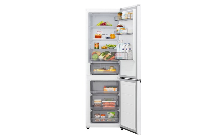 Frigorífico combinado LG (gbbsj10esw) com porta totalmente aberta a mostrar os compartimentos do frigorífico e do congelador
